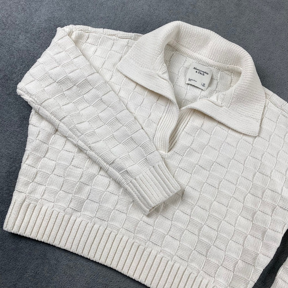 Abercrombie Women XS Sweater White Chenille Checkerboard Polo Collar Pullover